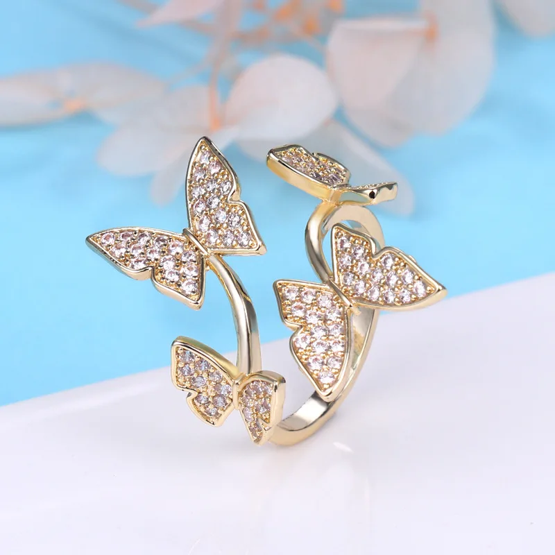 

Fashion Jewelry Temperament Full of Diamonds Four Butterfly Ring Internet Celebrity Style Light Luxury Index Finger Open Ring