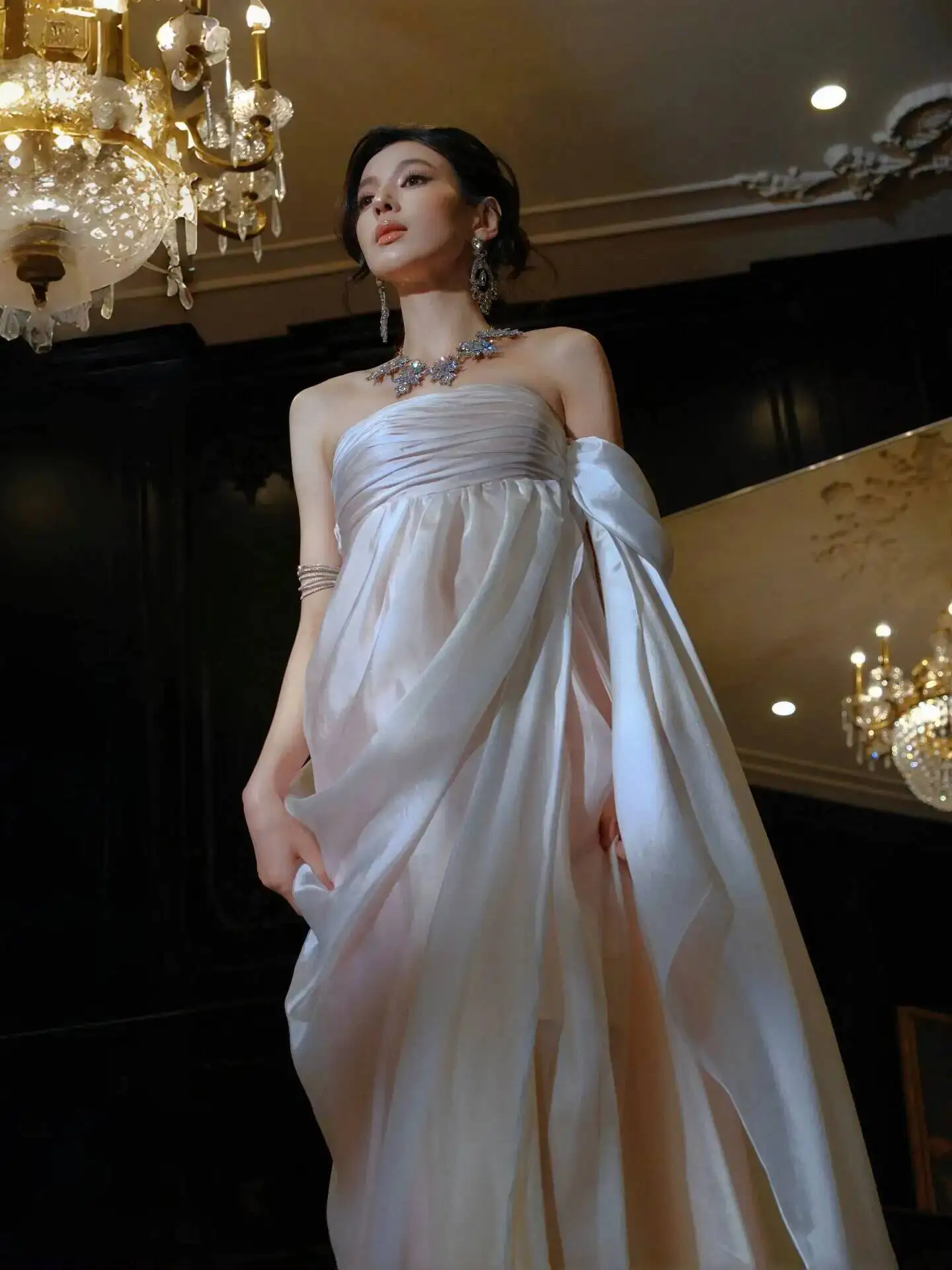 Strapless Flowy Chiffon Evening Gown Women Greek Goddess Style Formal Dress With Detachable Long Sheer Cape Train - view 2