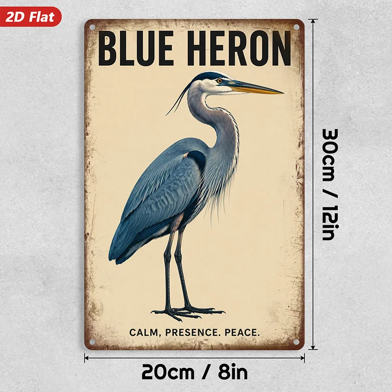 2D Flat, 1pc Blue Heron Serenity Metal Sign Wall Art, Tall Wading Bird, Long Slender Legs, Graceful Curved Neck, Home Decor, Ide