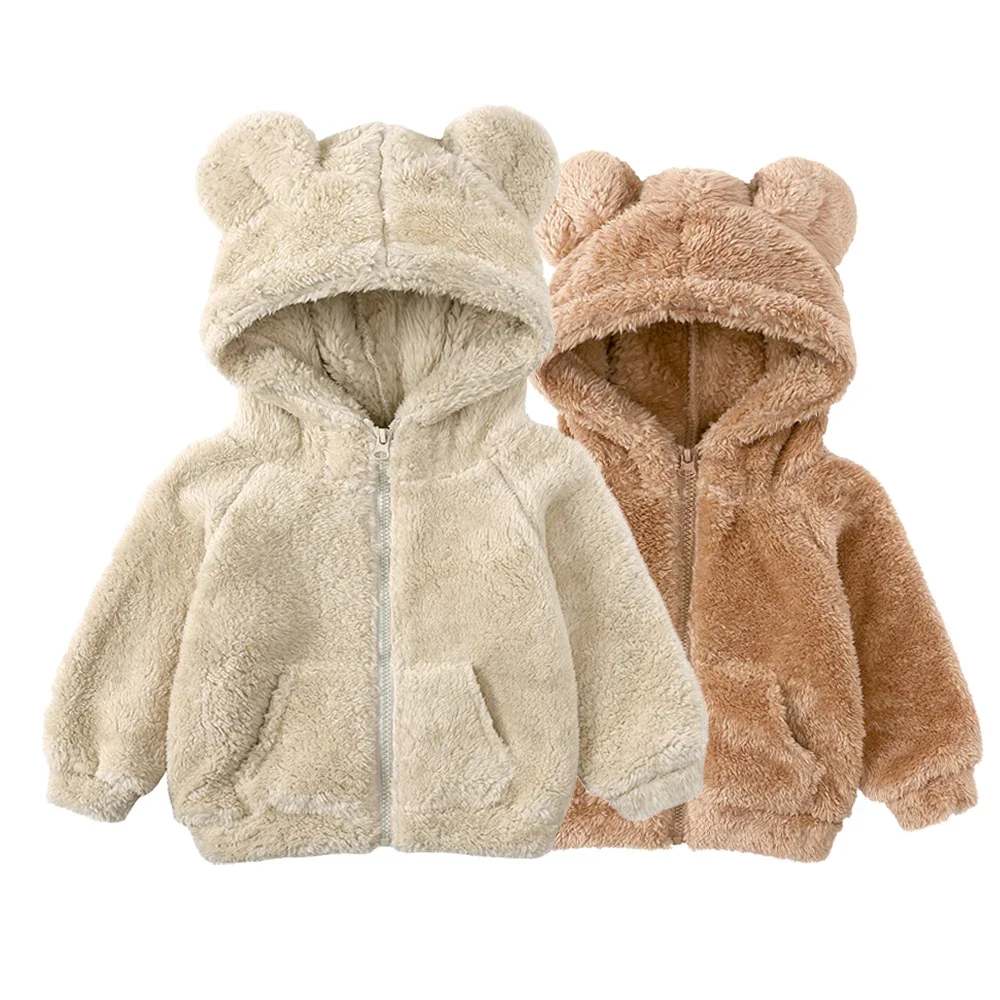 

2025 Winter Kids Bear Hoodies Thick Coat Solid Zipper With Pocket Sweatshirt Cute For Children Toddler Boy Girl Outfits Jacket
