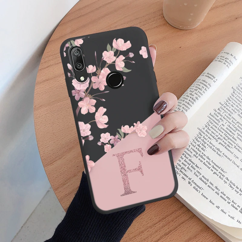 Initial Letter Silicone Phone Case For Huawei Y7 Prime 2019 Shell Retro Pink Flower Soft TPU Back Cover For Huawe Y7 2019 Capa