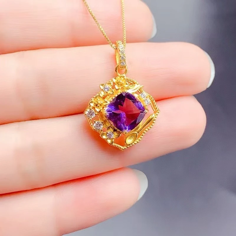 

Hotsale 925 Silver Crystal Necklace Pendant 8mm 2ct Natural Topaz Citrine Amethyst Pendant with 3 Layers 18K Gold Plating