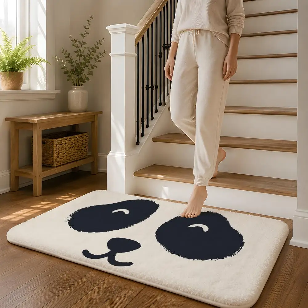 Adorable Panda Eyes Floor Mat Flannel Rug Non Slip Absorbent Soft Washable For Entryway Hallway Bathroom Kitchen Decor