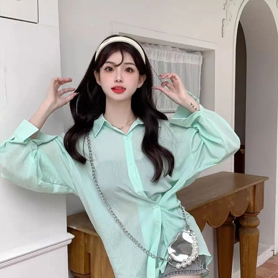 Micro Transparent Sunscreen Shirt Jacket for Women's Summer 2024 New Purple Loose Medium Length Thin Cardigan Top