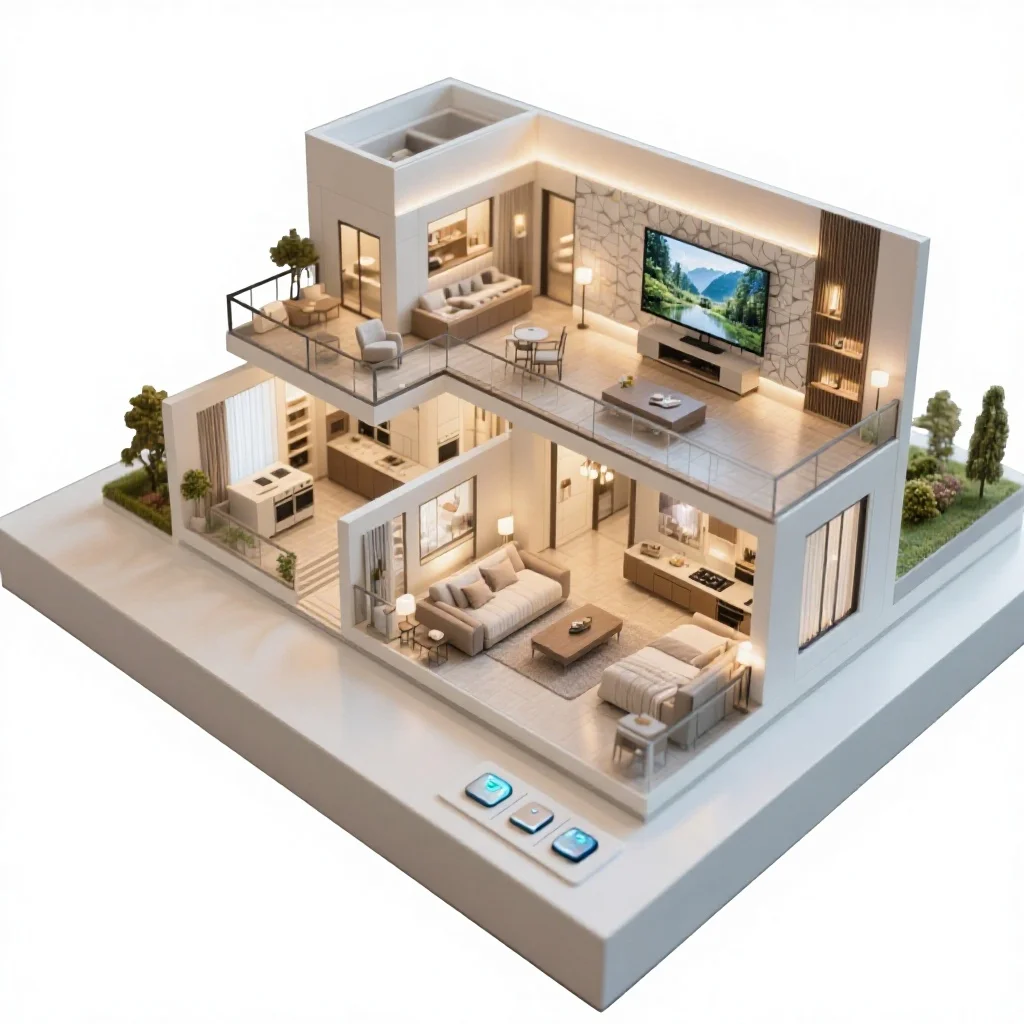 

Демонстрация модели умного дома: индивидуальная система управления всем домом, система приточной вентиляции, центральное кондиционирование, план этажа виллы