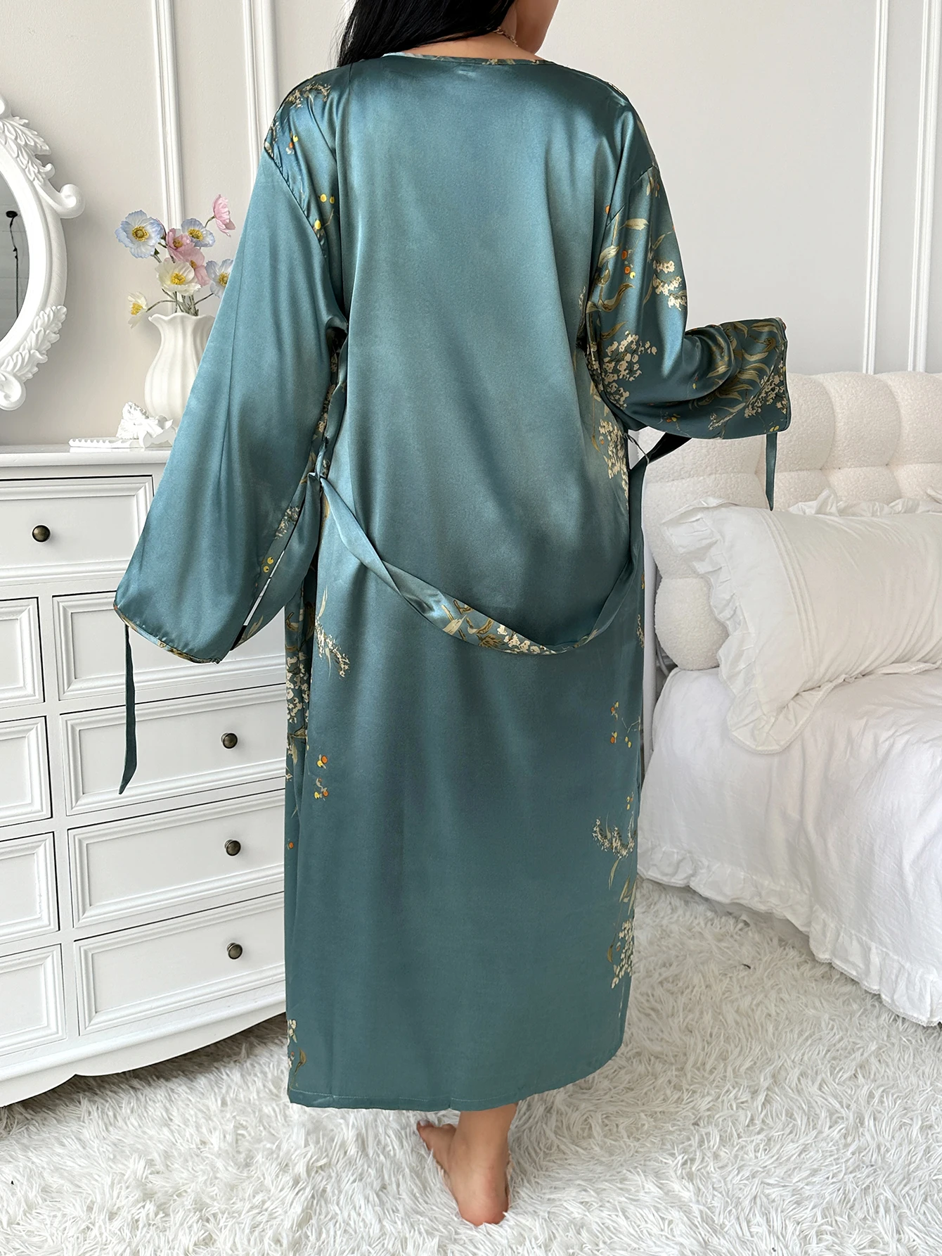 2-piece cherry random print sexy halter dress paired with a comfortable bathrobe for a home lady's pajama set