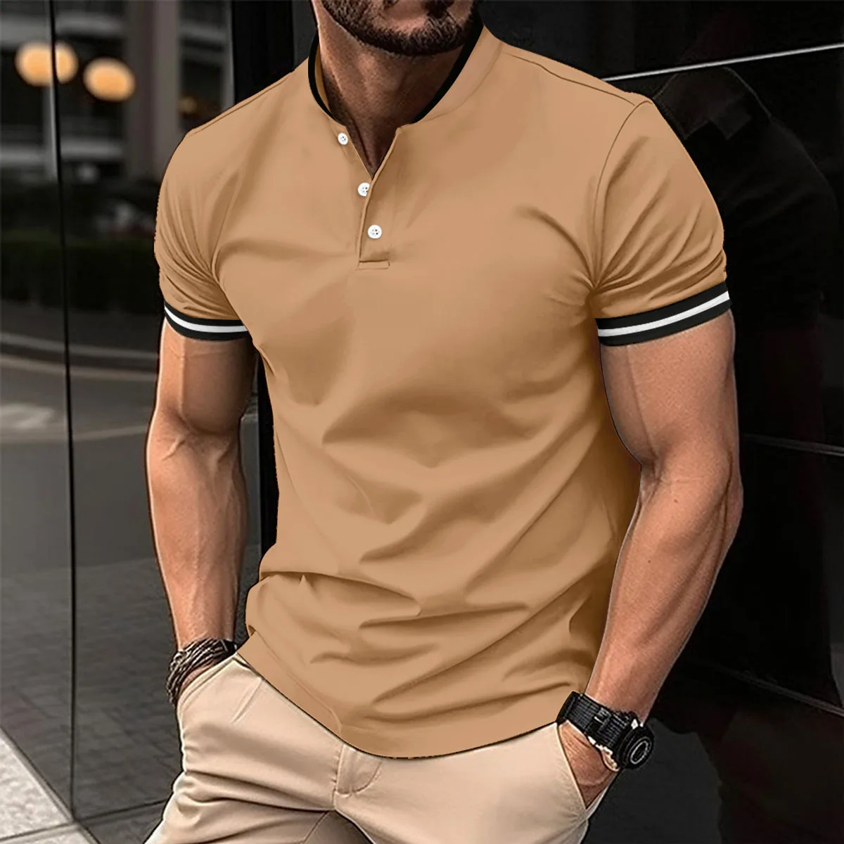 2024 new men\'s short-sleeved Polo shirt summer casual stand collar beach style T-shirt