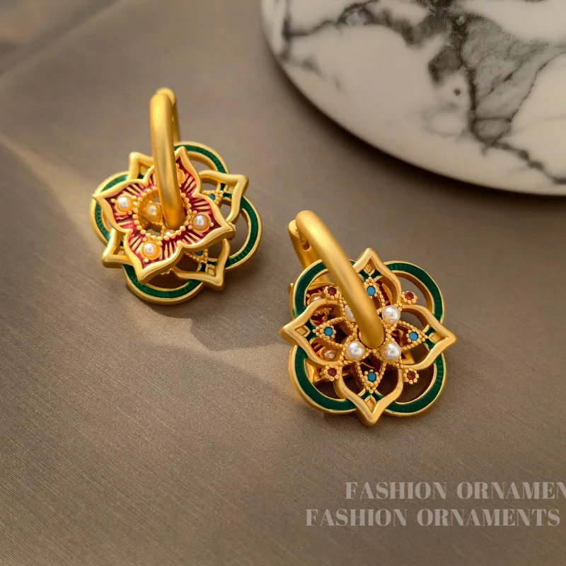 

24K Gold-plated Chinese Style Multiple Colors Enamel Earrings for Women Luxury Jewelry Pearl Painting Hoop Earring Wholesale