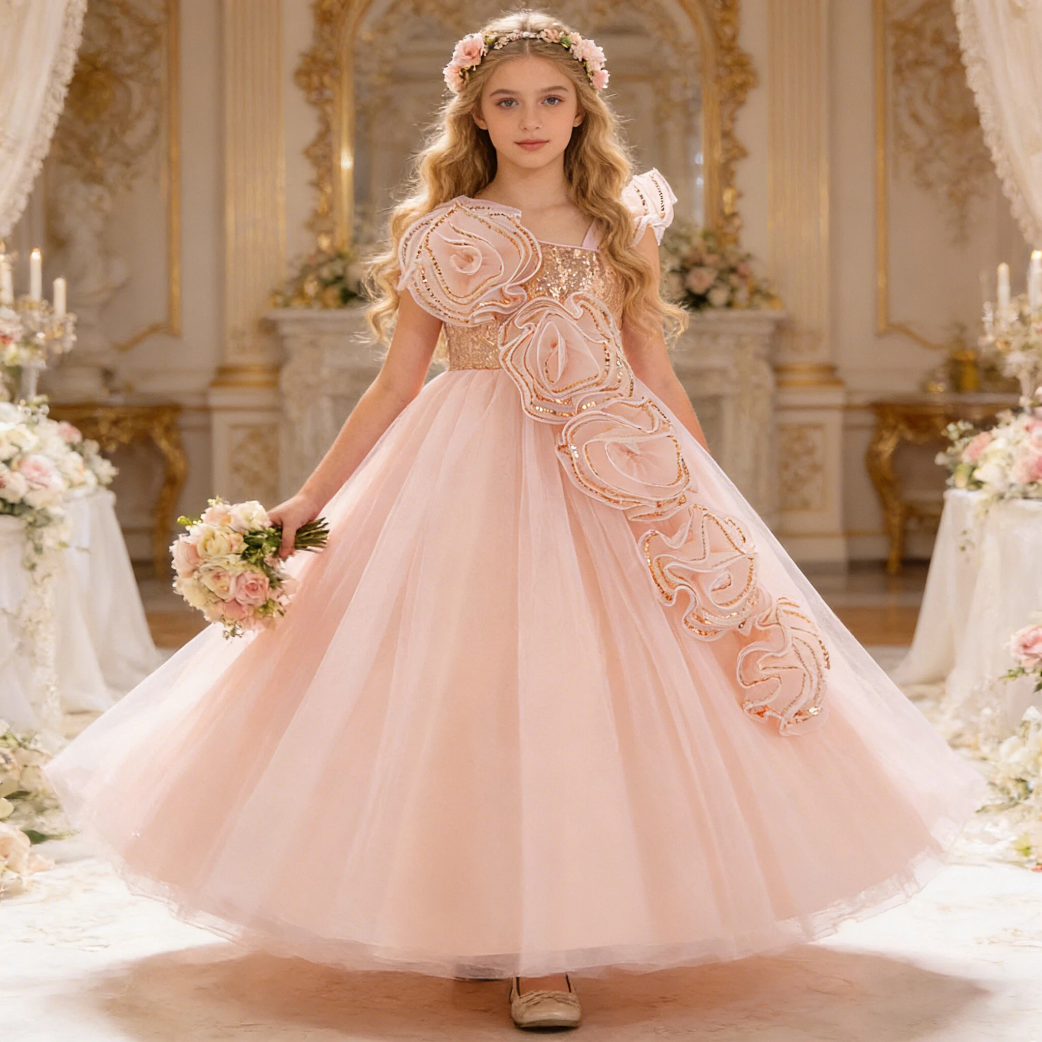 Vestido elegante de lentejuelas con flores para damas de honor, vestido de fiesta de boda con lazo, vestidos de fiesta de princesa para niña, disfraces de primera comunión de cumpleaños