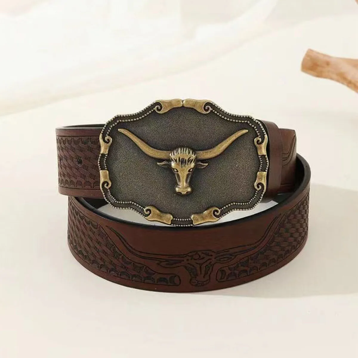 Bone border cattle3.7cm wide men's and women's Western bull head denim style bull scalprendy belt smooth buckle