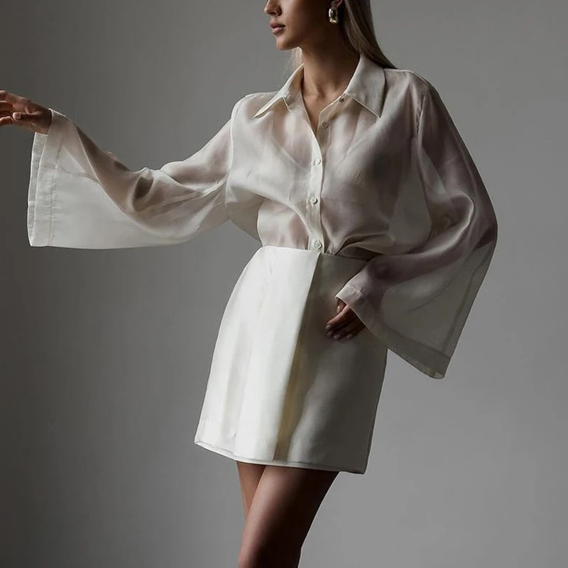 

Talenza See Through Shirt Women's Lapel Long Sleeve Single Breasted Cardigan Top Female Fashion Casual Simplicity Loose Shirt
