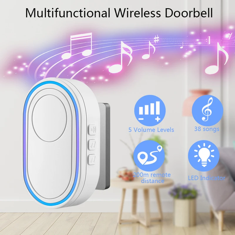 Outdoor Wireless IP65 Waterproof Doorbell Smart Home Door Bell Chime Kit LED Night Vision Fluorescent Ring Flash Security Alarm