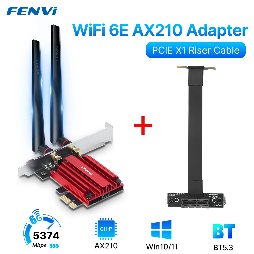 fenvi 5374Mbps AX210 WiFi 6E PCI-E Wireless Adapter Bluetooth 5.3 Tri Band 6G/5G/2.4GHz Network Wi-Fi Card with 10cm Riser Cable