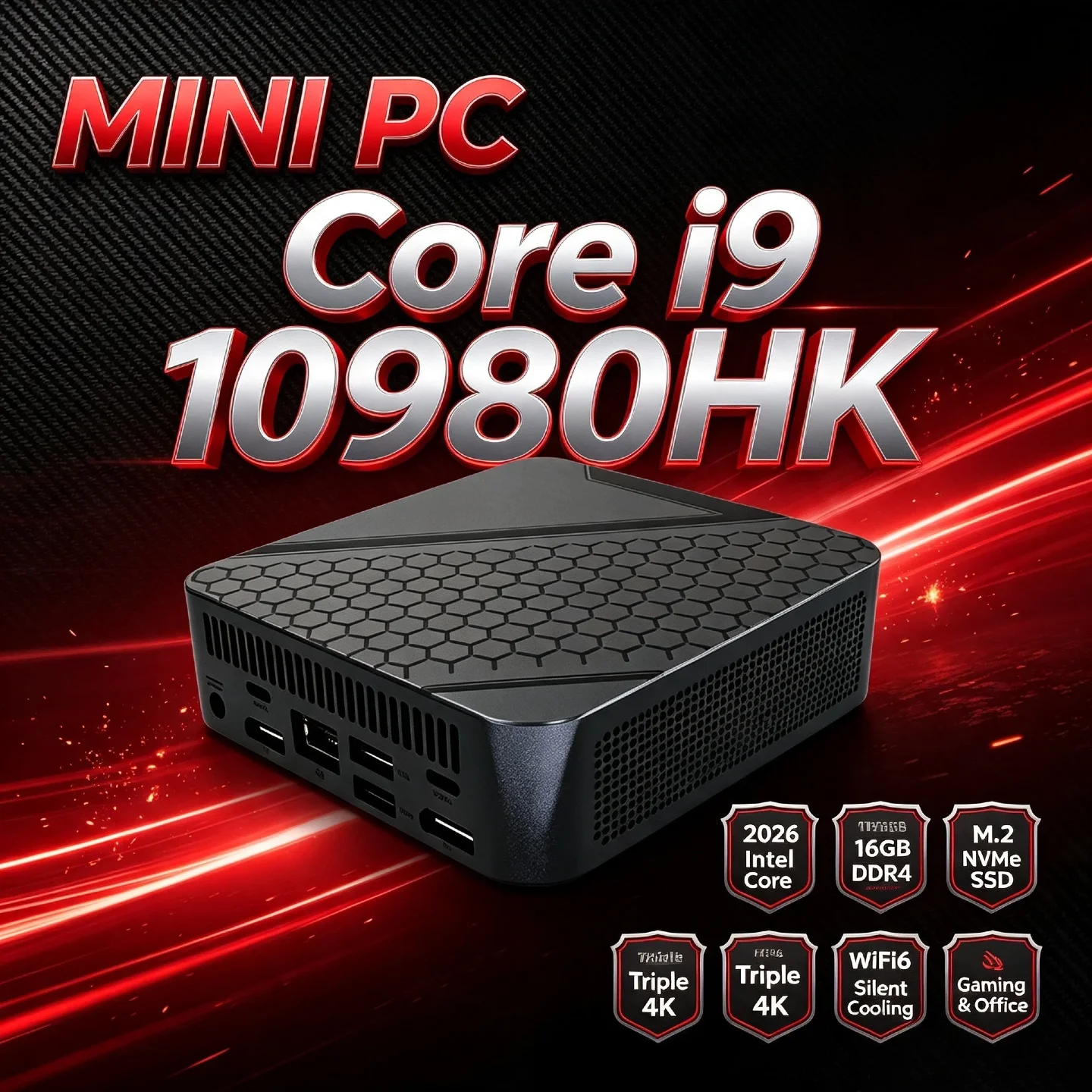 2026 인텔 코어 i9 10980HK 휴대용 미니 PC 16GB DDR4 M.2 NVMe SSD WiFi6 무소음 냉각 트리플 4K 오피스 홈 데스크탑 프로