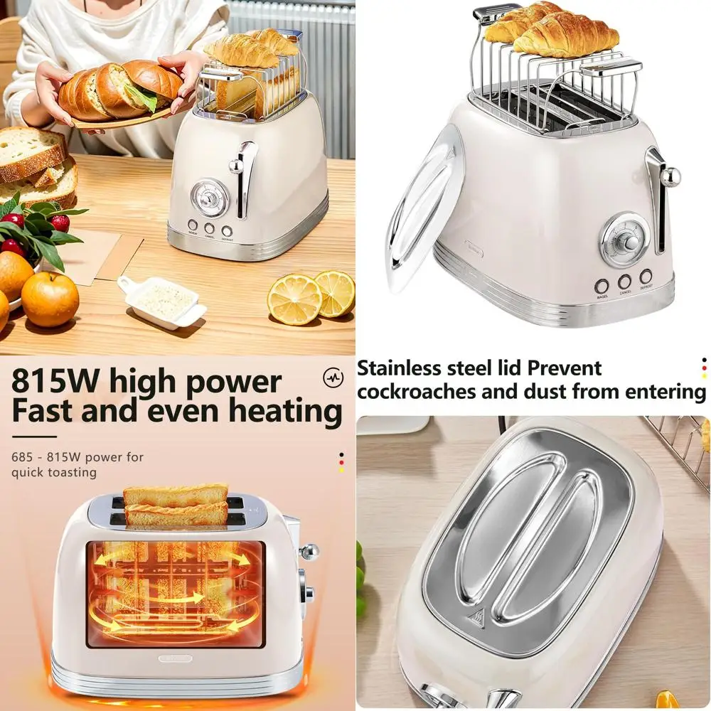 

Vintage-Style 2-Slice Toaster with Wide Slots, Cover, Warm Rack, Stainless Steel, Removable Crumb Tray, Preheat, Defrost, Cancel