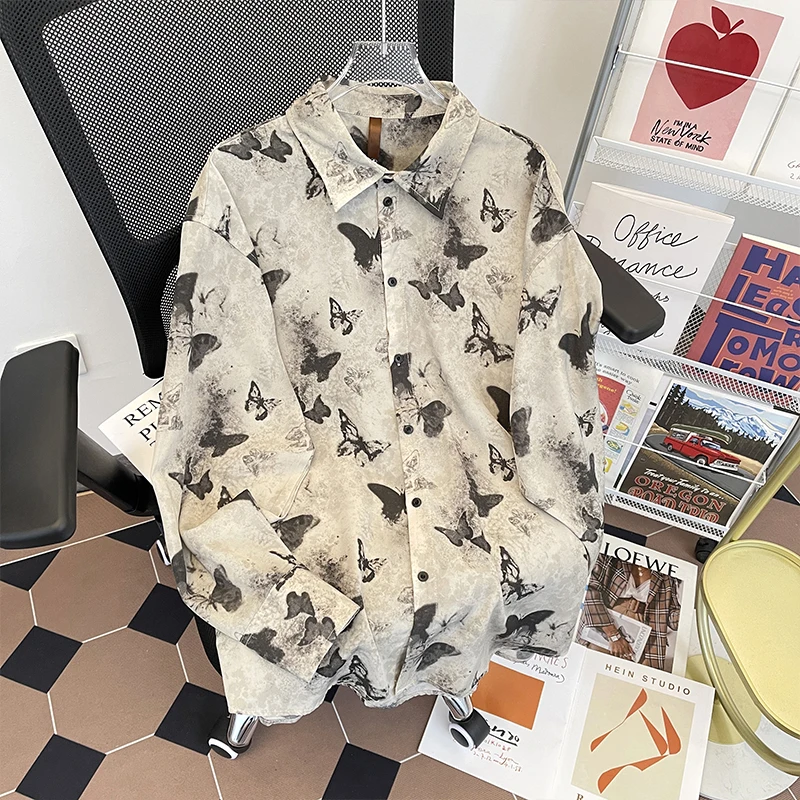 Vintage Fashion Summer Men\'s Turn-down Collar Printing Single Breasted Young Style Trend Versatile Loose Long Sleeve Shirts Tops