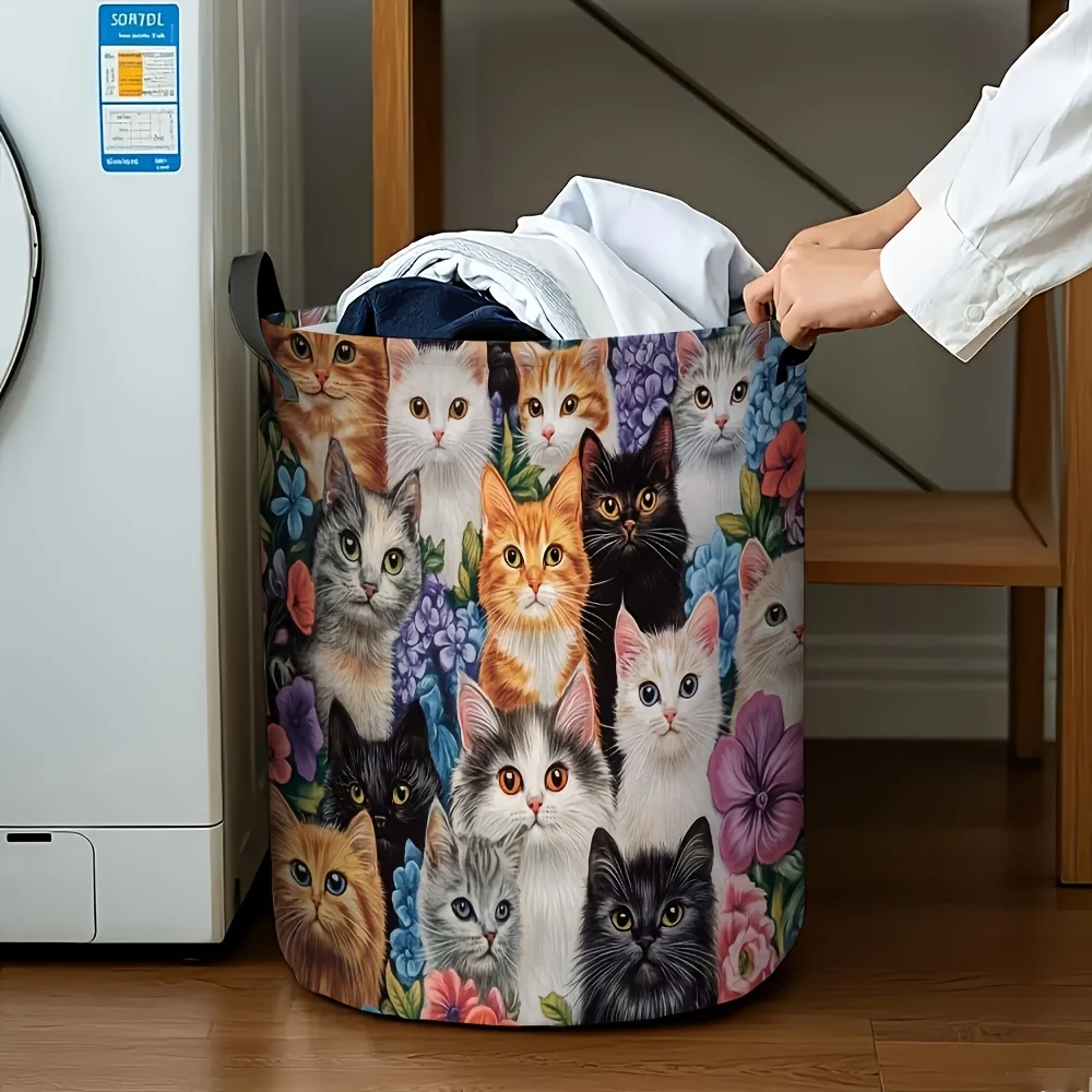 Cat Paradise Multi-Purpose Laundry Basket Convenient Handle Design for Easy Carrying Circular Structure Saves Space