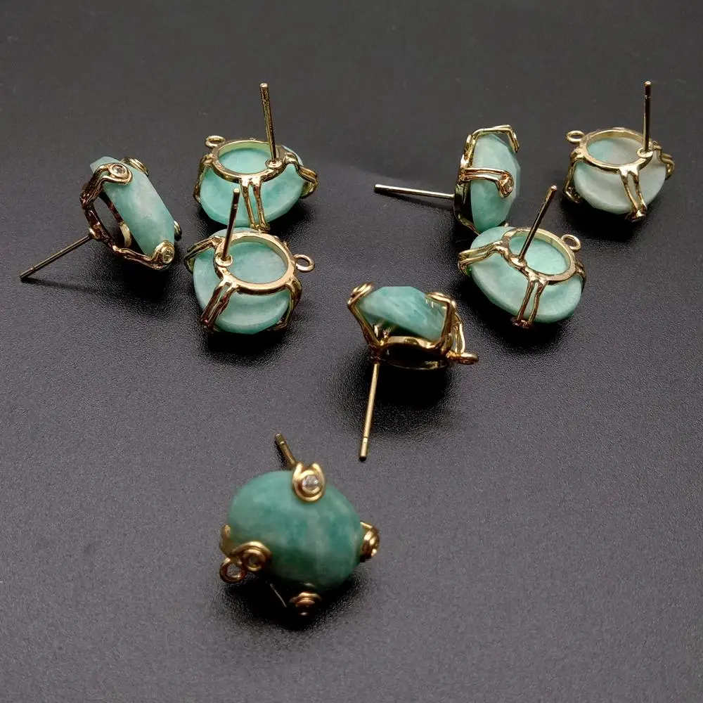 5 Pairs Natural Amazonite Oval  CZ Gold Electroplate stud Earrings