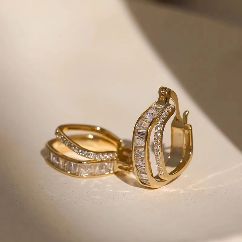 Huitan Opulent Hoop Earrings with Shiny Cubic Zirconia Fashion Noble Gold Color Accessories for Women Elegant Party Jewelry Hot