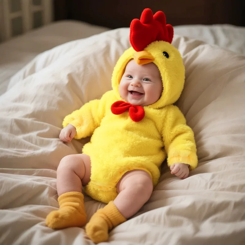 Newborn Infant Baby Yellow Chick Hooded Romper Plush Fleece Jumpsuit Red Comb Bowtie Warm Winter Cosplay Costume Playsuit 0 24M