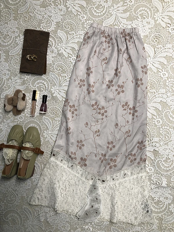 

Original BaoYao Girl Lace Patchwork Midi Skirt Women's Summer Vintage Retro Sle Commute Korean Version Polyester Cotton Blend