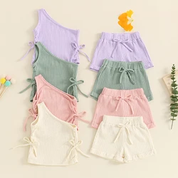 2024-05-08 Lioraitiin Toddler Girls Summer Outfits Solid Color Oblique Shoulder Drawstring Ribbed Knit Tank Tops Shorts Set