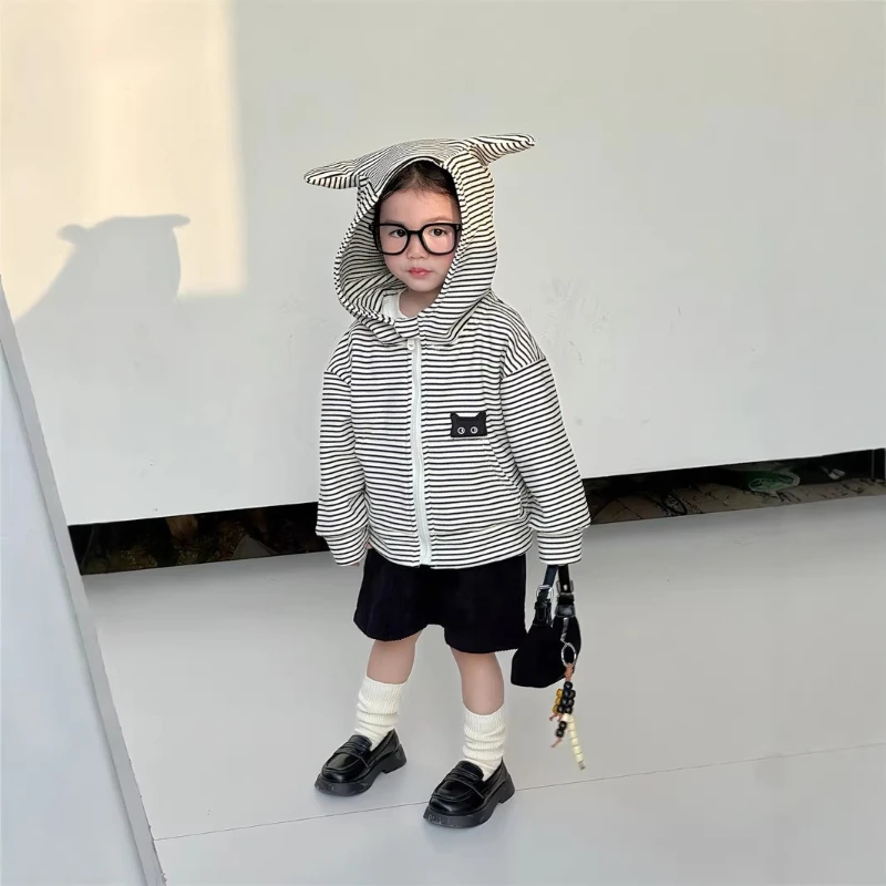 2026 Spring New Girl Cute Ears Hoodie with Fine Stripe Zipper Soft Sticky Kitten Pattern Outer Hoodie