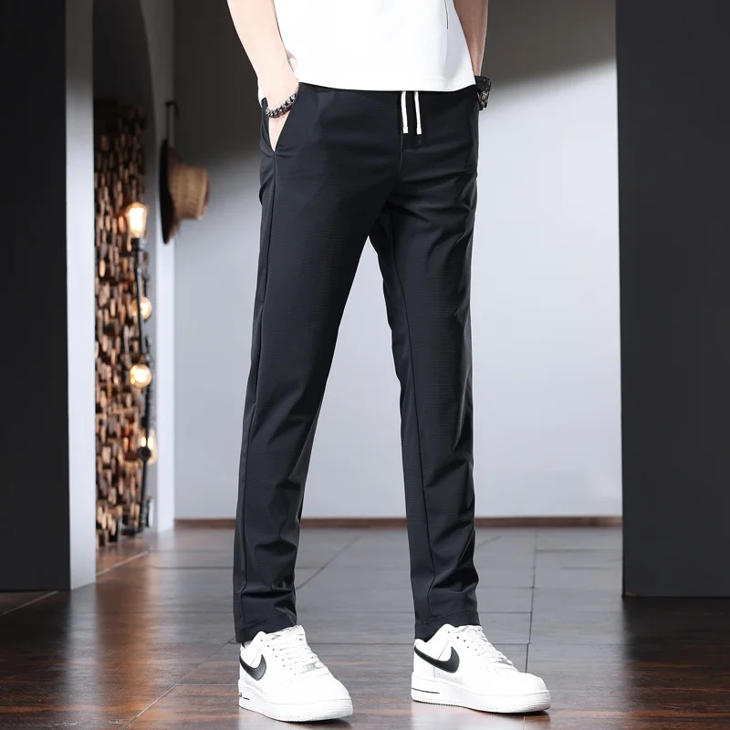 

Spring Summer Thin Ice Silk Casual Pants Men's Slim Fit Elastic Ankle Qui Dry Sport Long Trousers Lightweight Pure Bla Pants