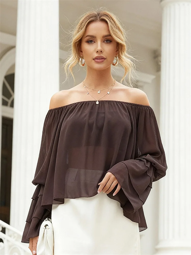 

CHRONSTYLE женские топы с открытыми плечами, повседневная свободная посадка, легкая стильная однотонная блузка с длинными рукавами и рюшами