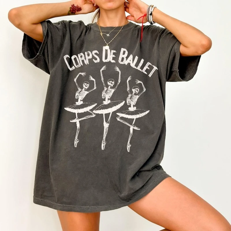 Corps De Ballet Graphic Vintage Wash Ballerina Tshirt Trendy Halloween Shirt Distressed Dancing Skeletons Tee Funny Dancer Gift