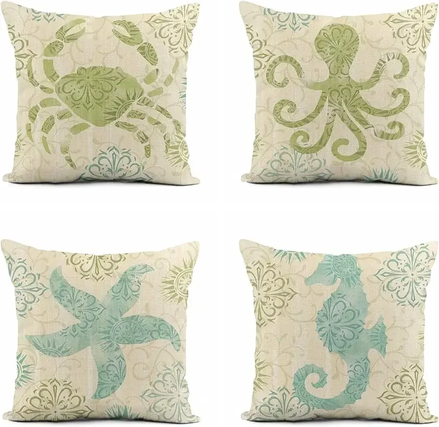 Linen pillowcase teal summer marine animal home décor pillowcase square cushion cover sofa bed 40X40cm