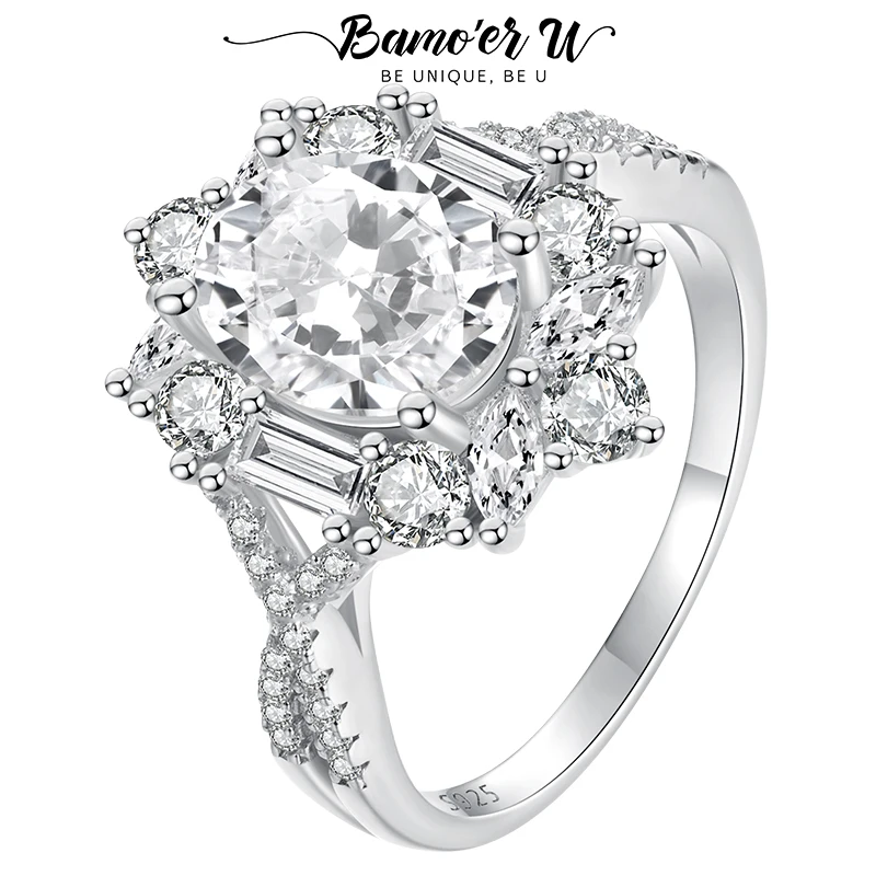 Bamoer U 2CT Oval Moissanite Halo Ring Retro Cross Solitaire Finger Ring Round Cut Original for Women Engagement Luxury Gift