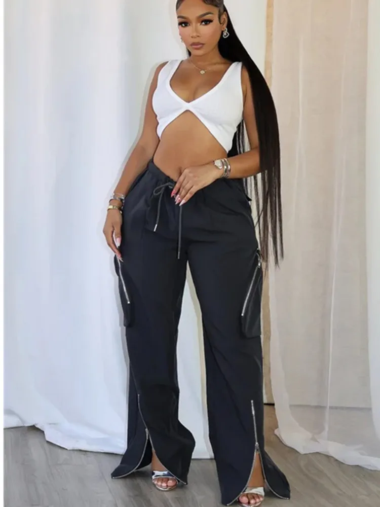 

BKLD Women Clothing New Fashion Streetwear Casual Pockets Zipper Split Loose Straight Leg Trousers High Waist Cargo Pants