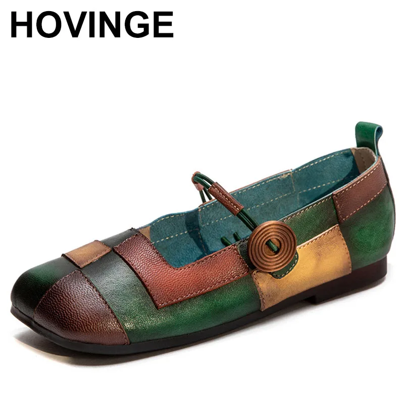 

Genuine Leather Mixed Colors Flats Spring New Square Toe Retro Shallow Soft Sole Handmade Women's Shoes