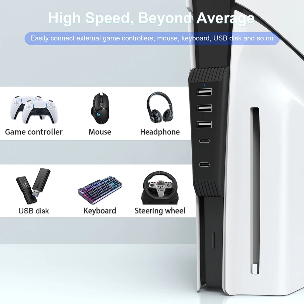 5 in 1 USB Hub High-Speed Extra USB Port Extender with 3USB + 1 Type C Port+ 1Type-C 3.1 for Playstation 5 Slim Game Console