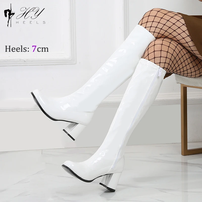 New White 1960S Go Go Gogo Retro Boots Ladies Fancy Dress Party Womens Knee High Boots 60S 70S Uk