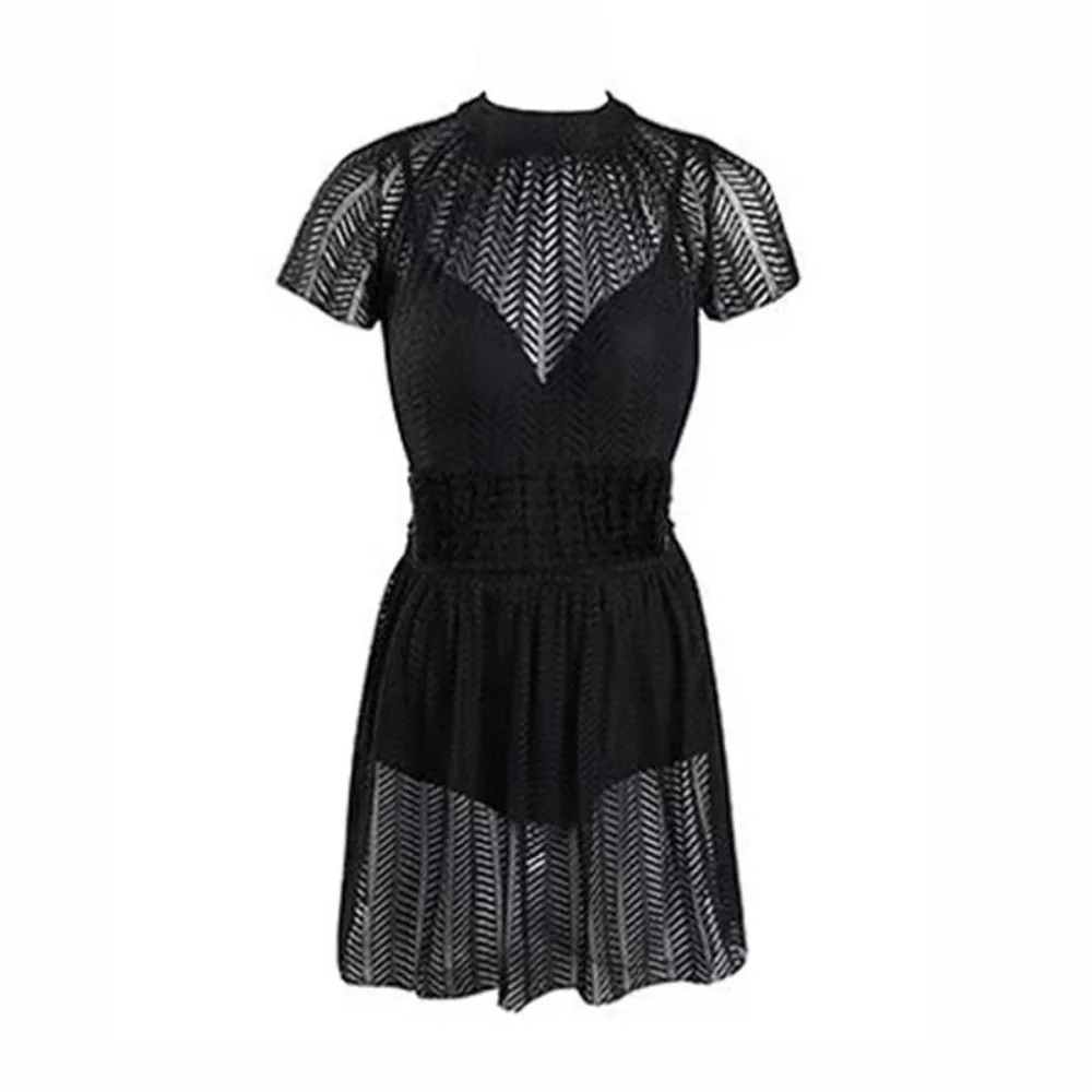 

Mesh Hollow Lace Skirt Swimsuit Short Sleeve Transparent Hot Spring Swimwear Backless Beachwear Bathing Swimwear Suit Vacation