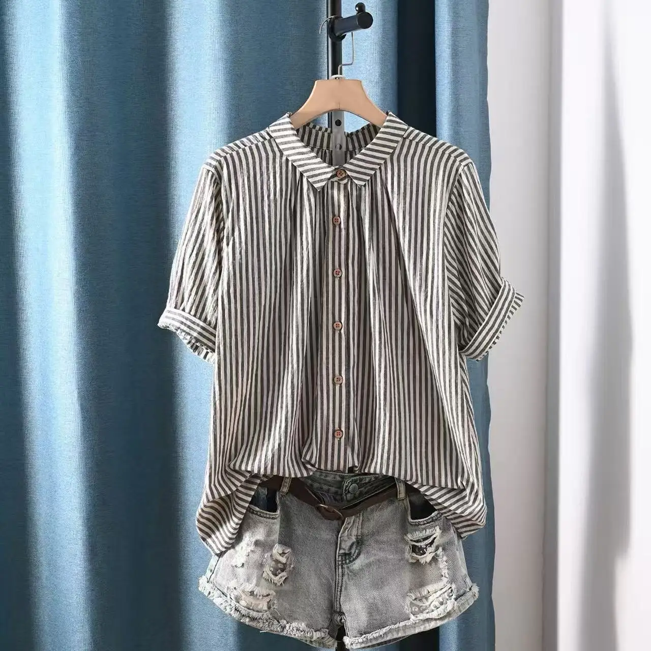 2026 Women's Vintage Striped Cotton Yarn Button Down Shirt, Short Sleeve Casual Loose Blouse Japanese Style Ladies Tops