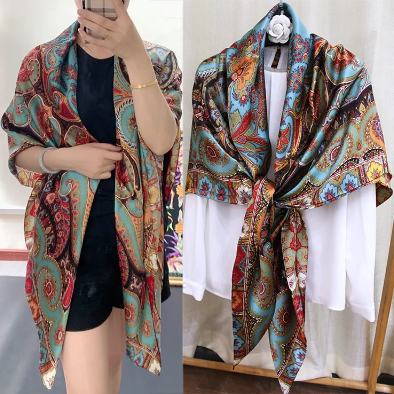 

High-end Elegant Women Exquisite Vintage Bohemian Print Quality 18MM Plain Satin Silk Hand-rolled Edge Large Square Scarf Shawl