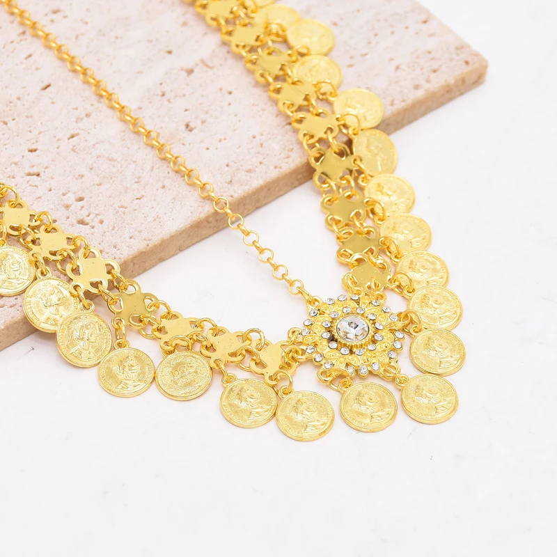 Golden Women Hair Jewelry Charms Pendant Coin Tassel Rhinestones Chains Headband Statement Arab Ethnic Hair Jewelry Female