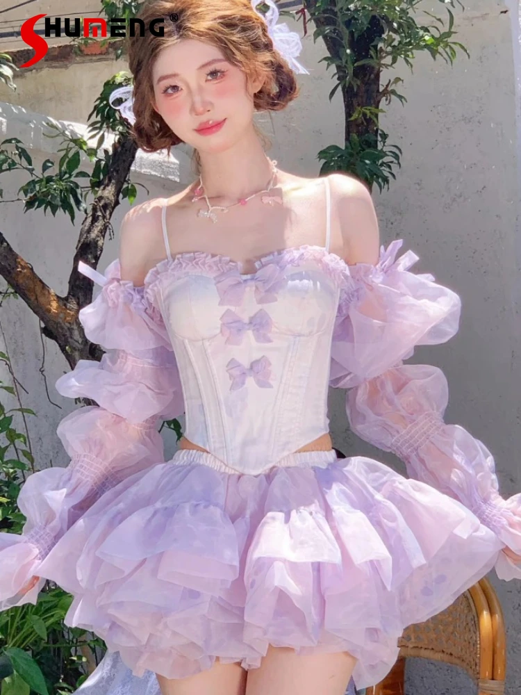 

Purple Sweet Princess Dress Girl's Woman's Cute Big Bow Long Tail Tube Top Mini Skirt 2-Piece Set Female Evening Dress Summer