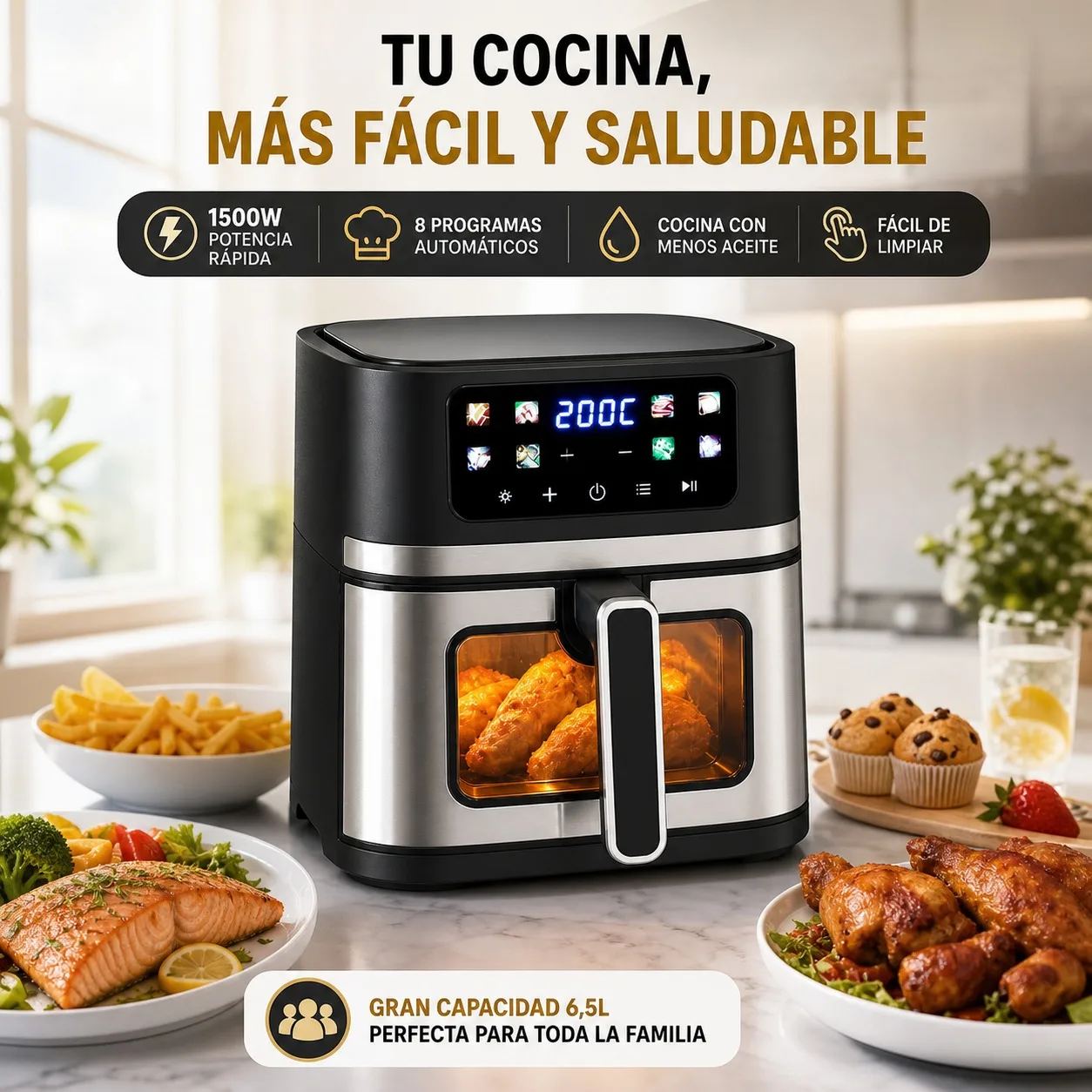 Freidora de Aire Caliente de 6,5L y 1500W con Pantalla Táctil LED Digital, Horno de Convección sin Aceite de Metal con Ventana de