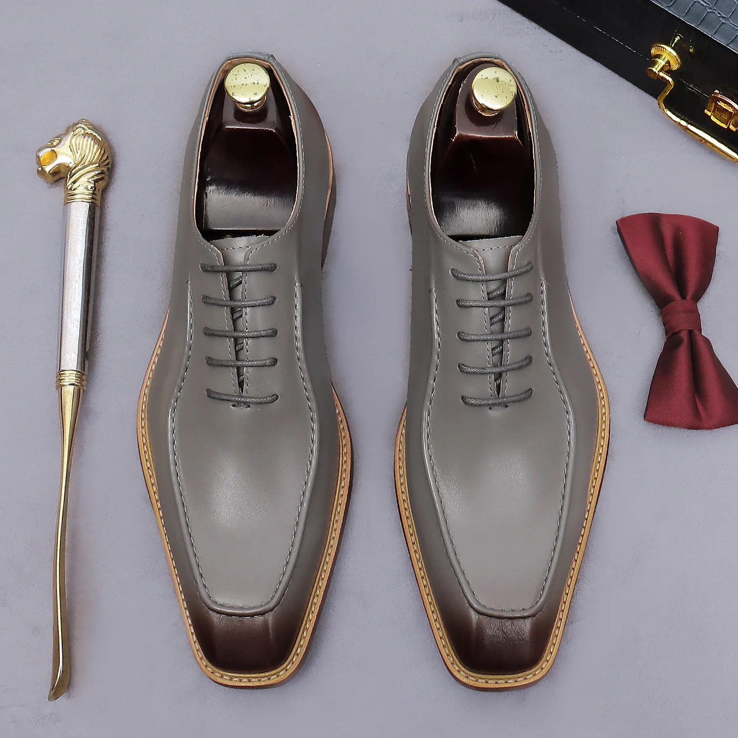 

Men's Grey Ombre Leather Oxfords Square Toe Lace Up Handcrafted Welt Low Stacked Heel Elegant Formal Business Wedding Footwear