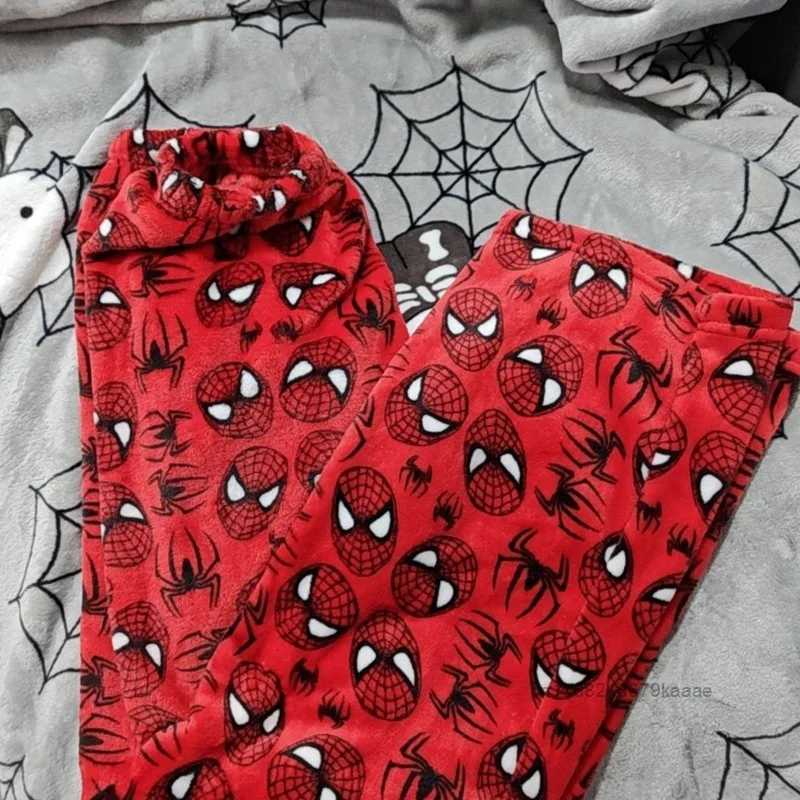 Sanrio Hello Kitty Spider Man Cartoon Flannel Sleep Pants Fashion Loose Straight Tube Pants New High Waist Thick Pajama Pants 