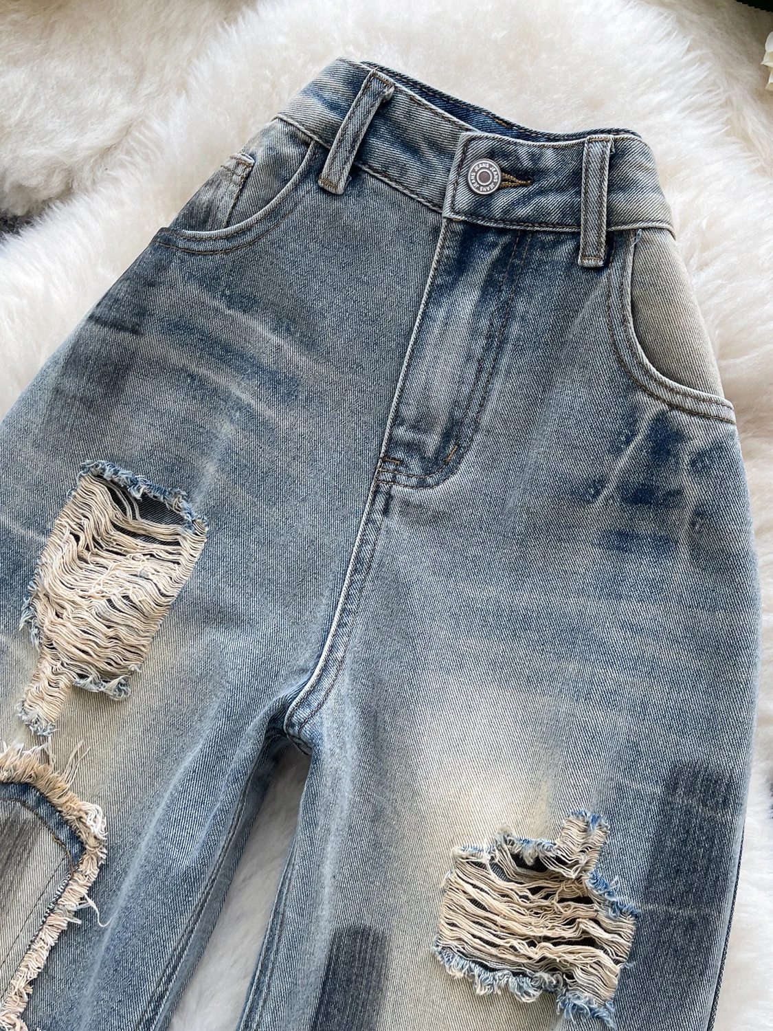 

Cool Spicy Sle Женские джинсовые джинсы с высокой талией и широкими штанинами длиной до пола, рваные потертые винтажные повседневные длинные брюки с высокой талией