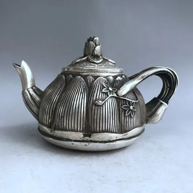Tibetan Silver Hand Carved Lotus Teapot Antique Style Chinese Traditional Flower Wine Pot Collectible Craft Home Decor Ornament