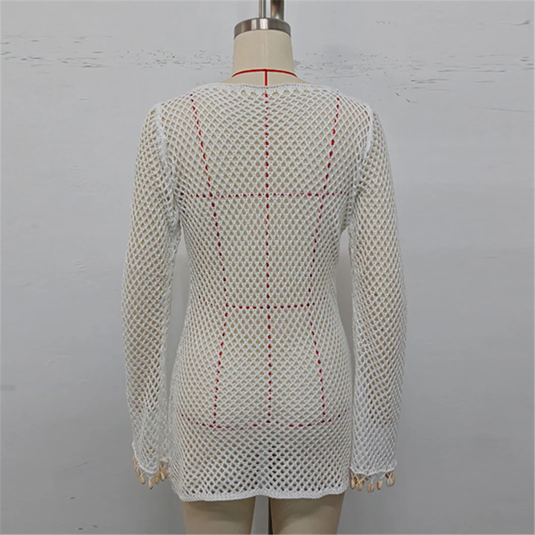 Gekräuseltes, langärmliges, ausgehöhltes, gehäkeltes, gestricktes Strandkleid, Strandmode, Strandbekleidung, Strand-Cover-up, Damen V7145 – Detail 12