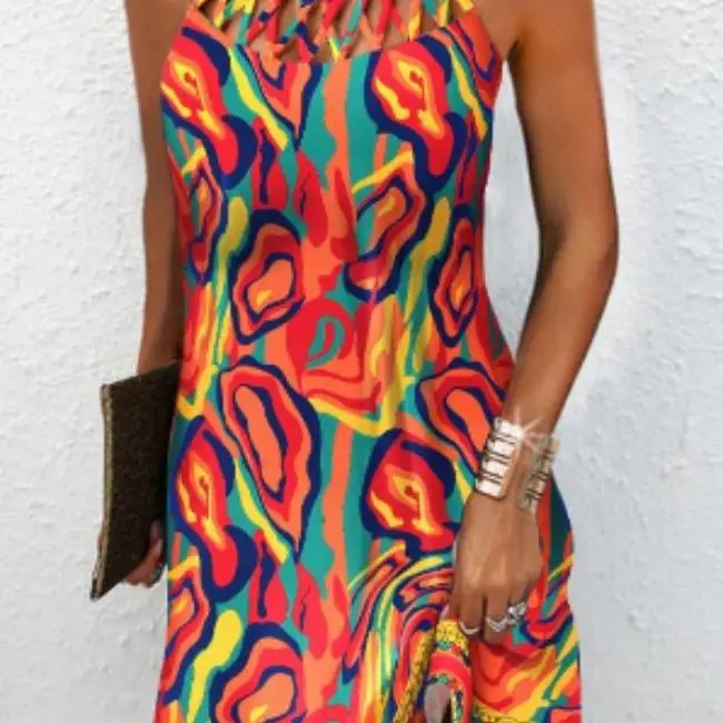 Positioning Printing Hollow Sleeveless Dress 2025 Spring And Summer New Fashion Women's Sleeveless Street Trend A Word