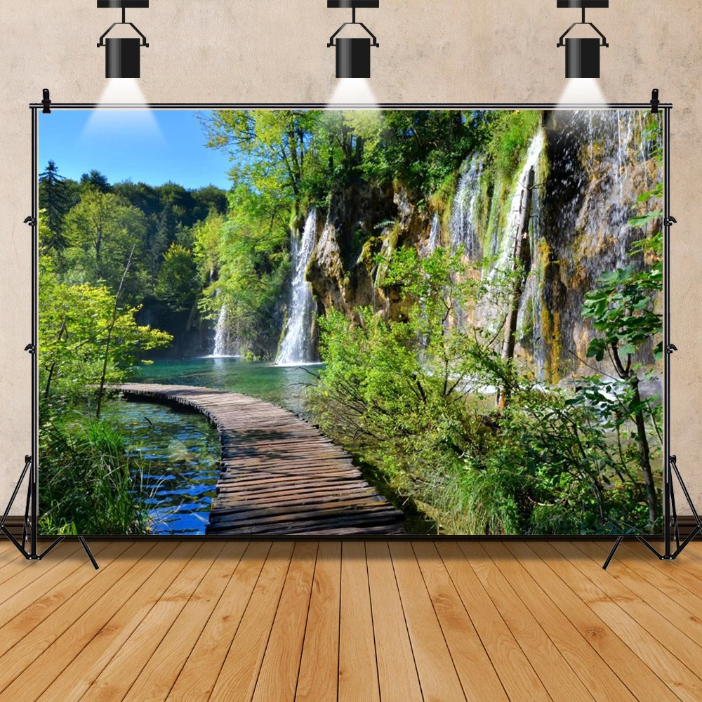 Summer Nature Backdrops Waterfall Mountain River Forest Wooden Way Landscape Room Decor Backgrounds Photocall Photo Studio