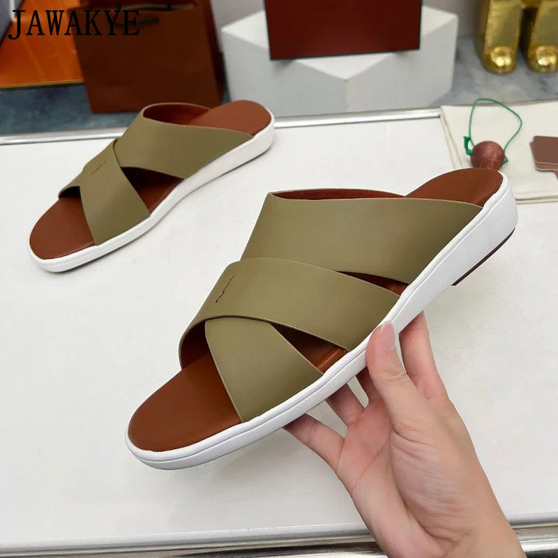 

Summer Brand High Quality Men's Slippers Open Toe Hollow Out Cross Strap Leather Slippers Casual Party Beach Walking Shoes Men